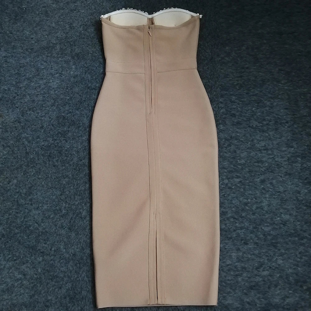 Bianca Strapless Beaded Bandage Midi Dress