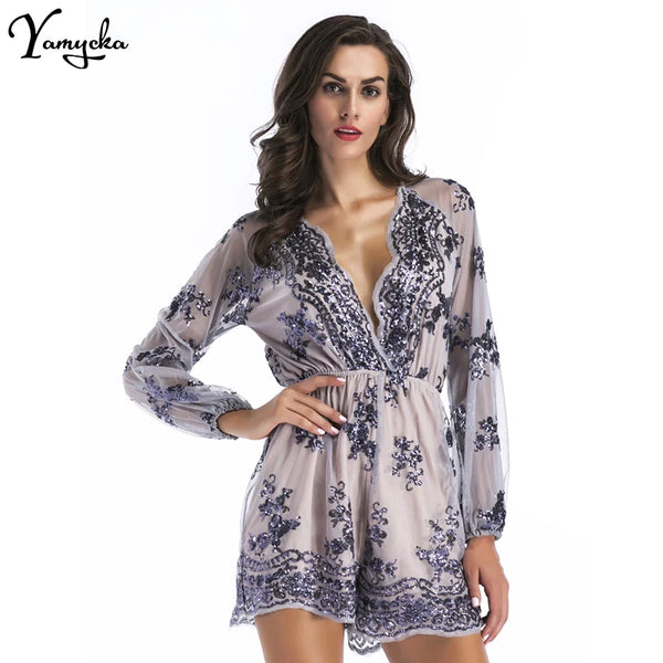 Davina Long-Sleeve Sequin Playsuit One-piece