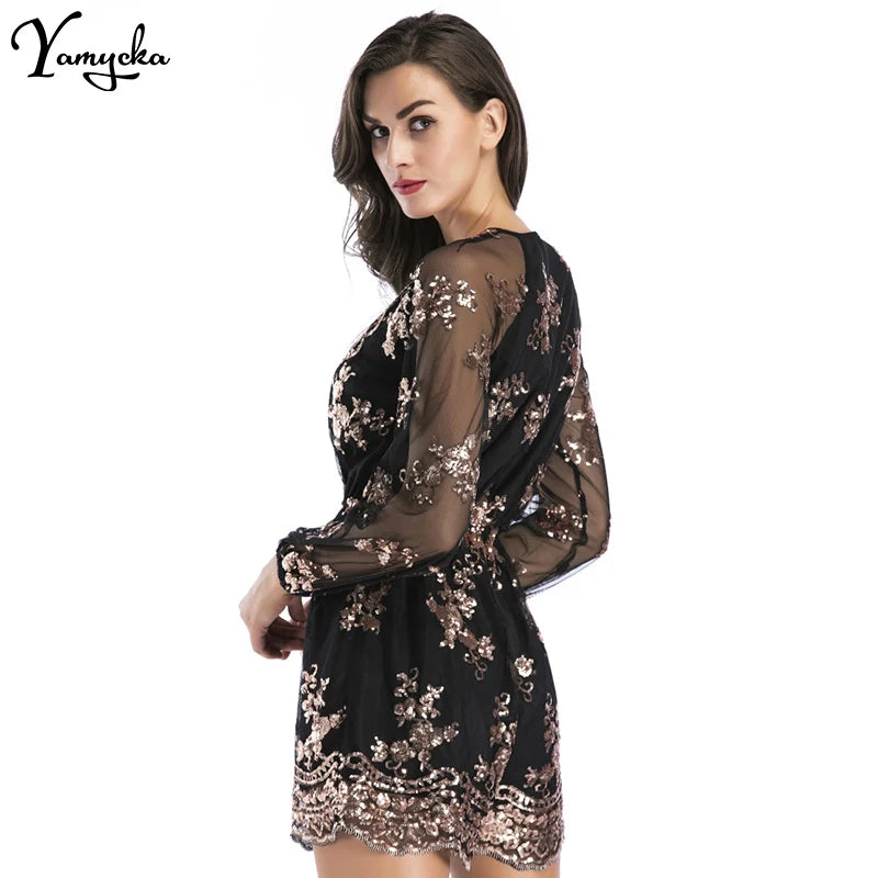 Davina Long-Sleeve Sequin Playsuit One-piece