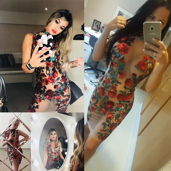 Iseult Sheer Mesh Floral Sequin Plunge Bodycon Mini Dress