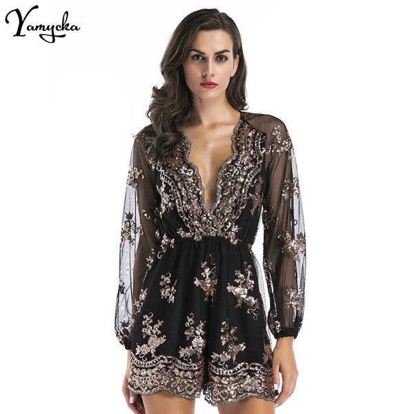 Davina Long-Sleeve Sequin Playsuit One-piece