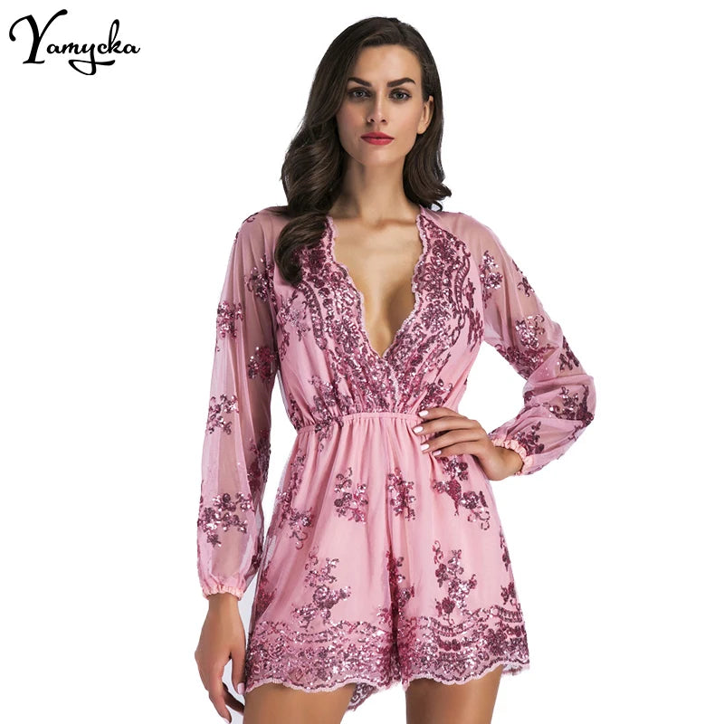 Davina Long-Sleeve Sequin Playsuit One-piece