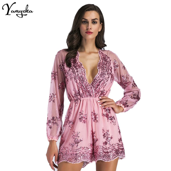 Davina Long-Sleeve Sequin Playsuit One-piece