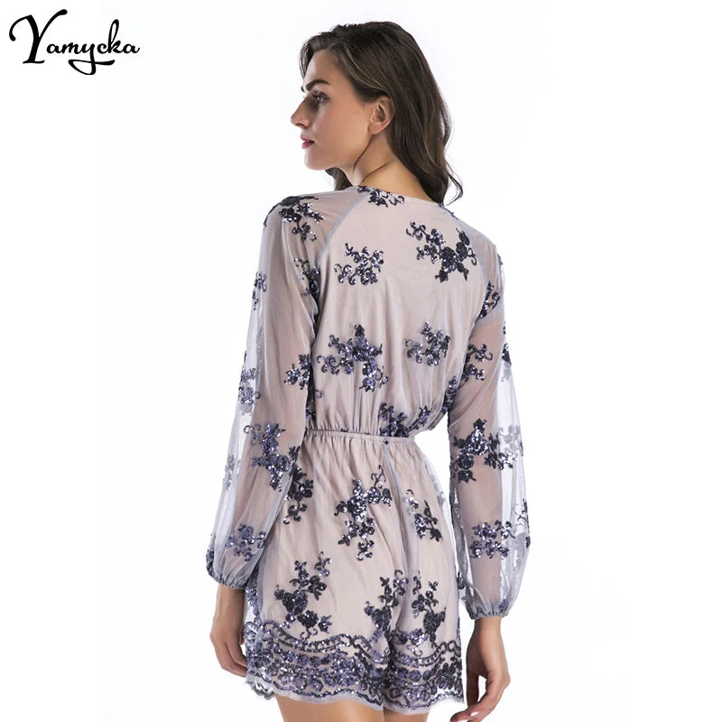 Davina Long-Sleeve Sequin Playsuit One-piece
