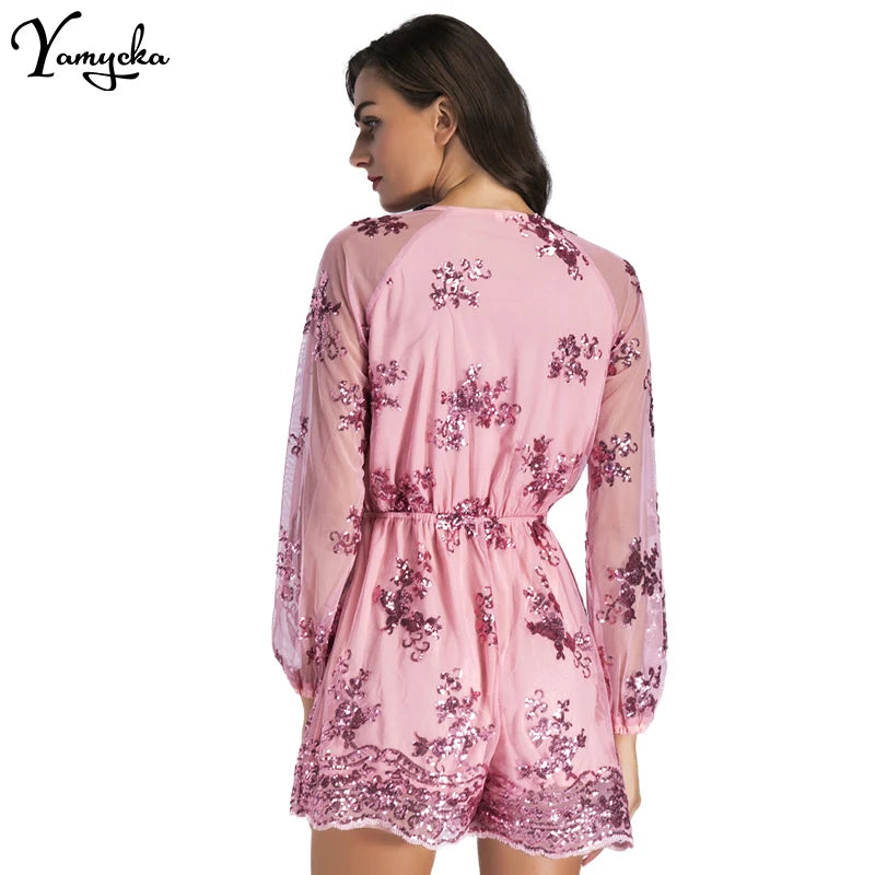 Davina Long-Sleeve Sequin Playsuit One-piece