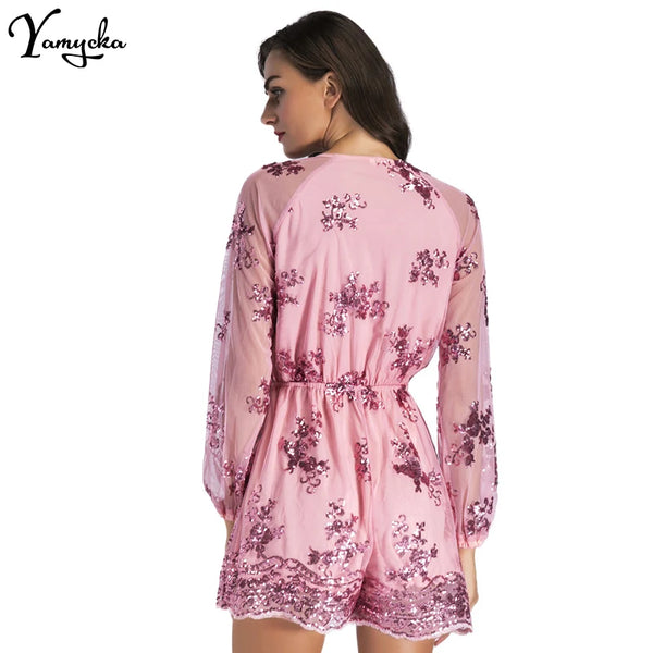 Davina Long-Sleeve Sequin Playsuit One-piece