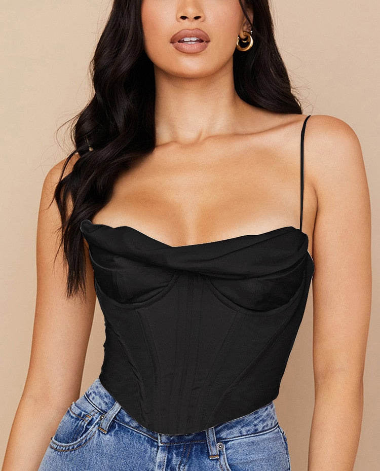 NewAsia Satin Corset Top Spaghetti Strap Lining Cowl Neck Boning Padded 2Layer Backless Zipper Bustier Sexy Crop Tops Women 2021