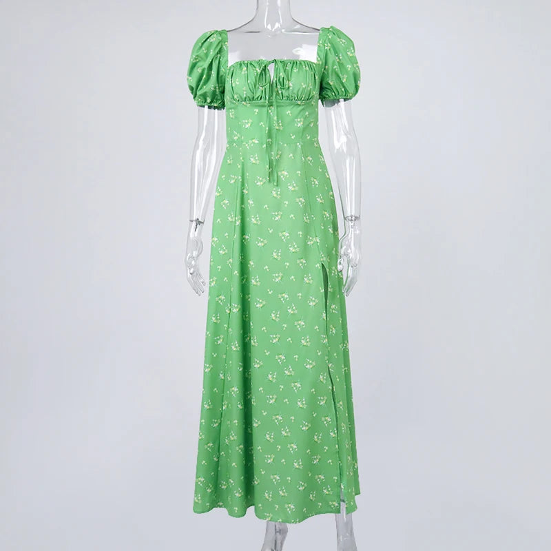 Annabeth Floral Square-Neck Puff-Sleeve Side-Split Maxi Dress