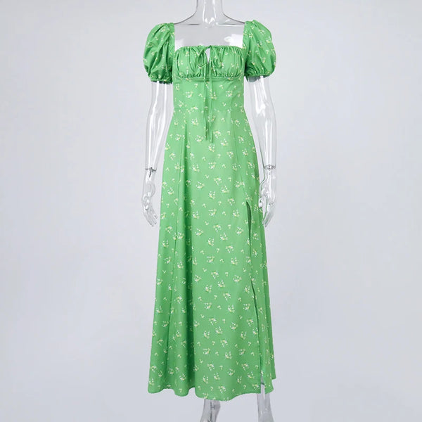 Annabeth Floral Square-Neck Puff-Sleeve Side-Split Maxi Dress