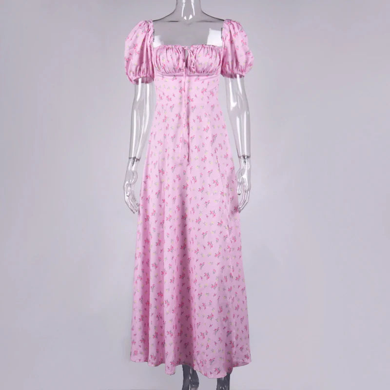 Annabeth Floral Square-Neck Puff-Sleeve Side-Split Maxi Dress