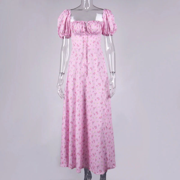 Annabeth Floral Square-Neck Puff-Sleeve Side-Split Maxi Dress