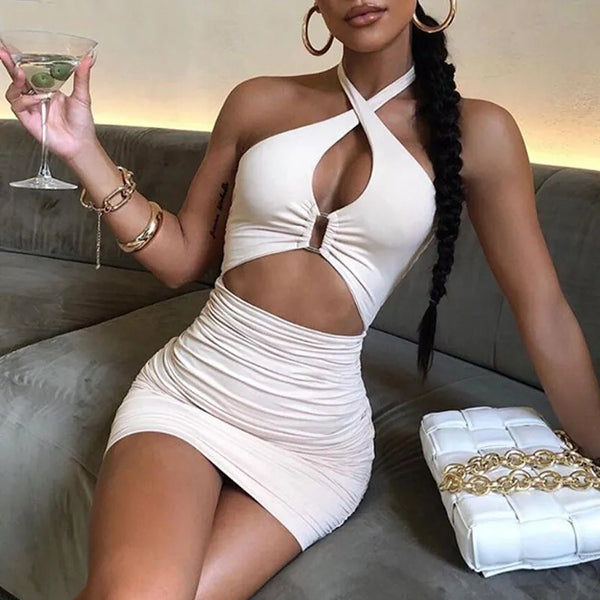 Valentina Ruched Cutout Halter Mini Dress