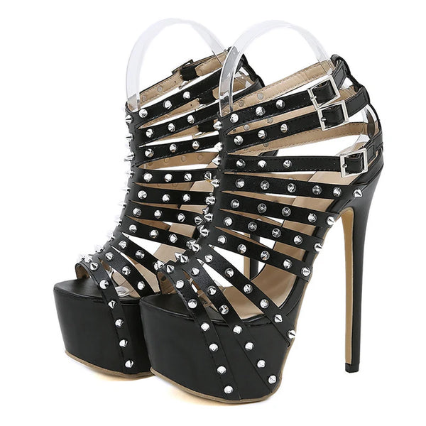Raven Rivet Peep-Toe Platform Pole Dance Sandals