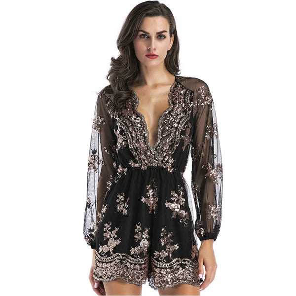 Davina Long-Sleeve Sequin Playsuit One-piece