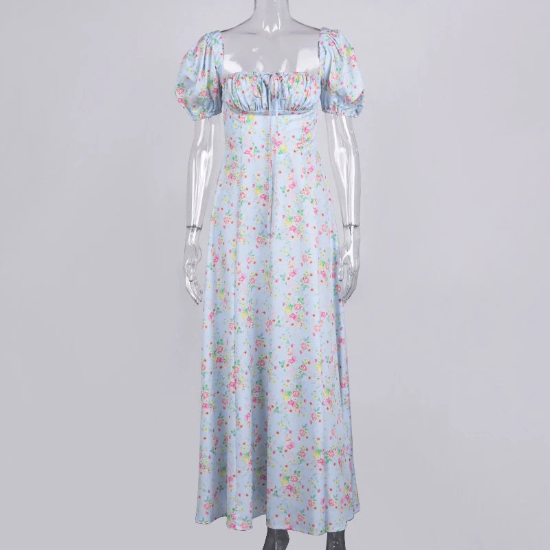 Annabeth Floral Square-Neck Puff-Sleeve Side-Split Maxi Dress