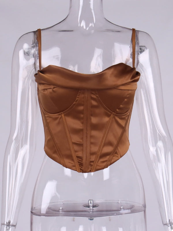 NewAsia Satin Corset Top Spaghetti Strap Lining Cowl Neck Boning Padded 2Layer Backless Zipper Bustier Sexy Crop Tops Women 2021