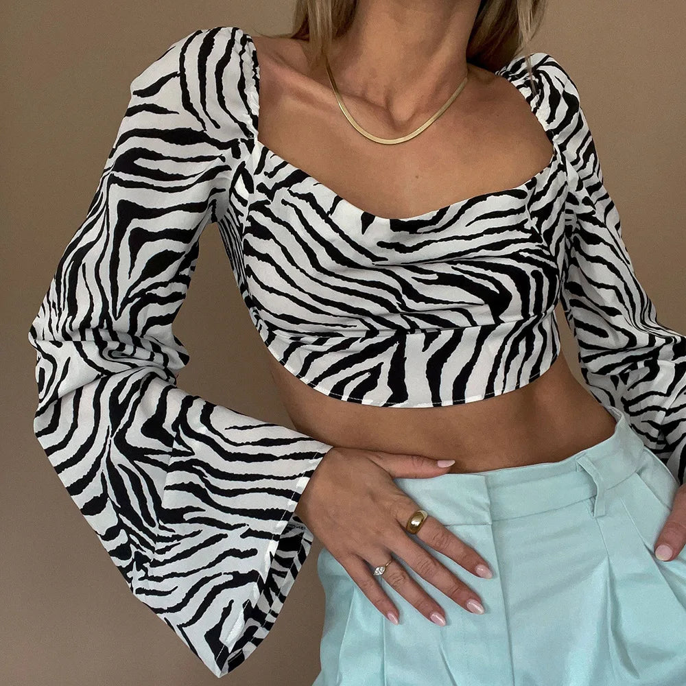 Zelda Zebra-Print Lace-Up Long-Sleeve Crop Top One-piece