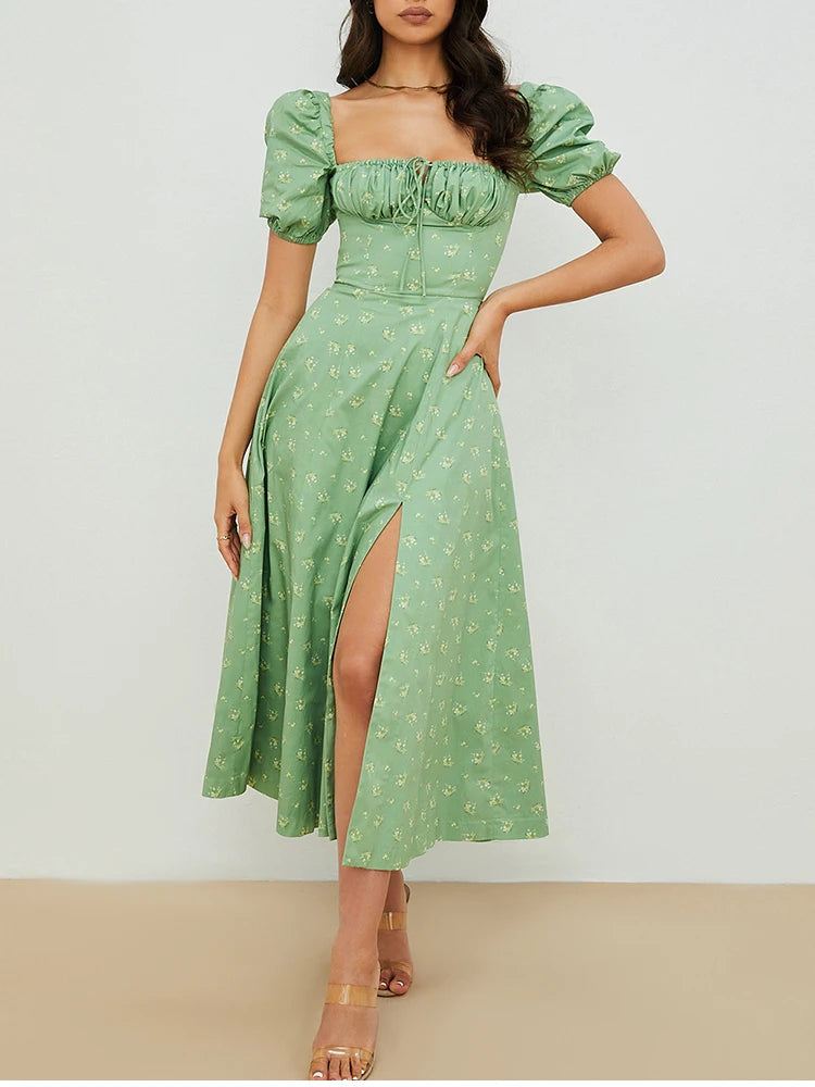 Annabeth Floral Square-Neck Puff-Sleeve Side-Split Maxi Dress
