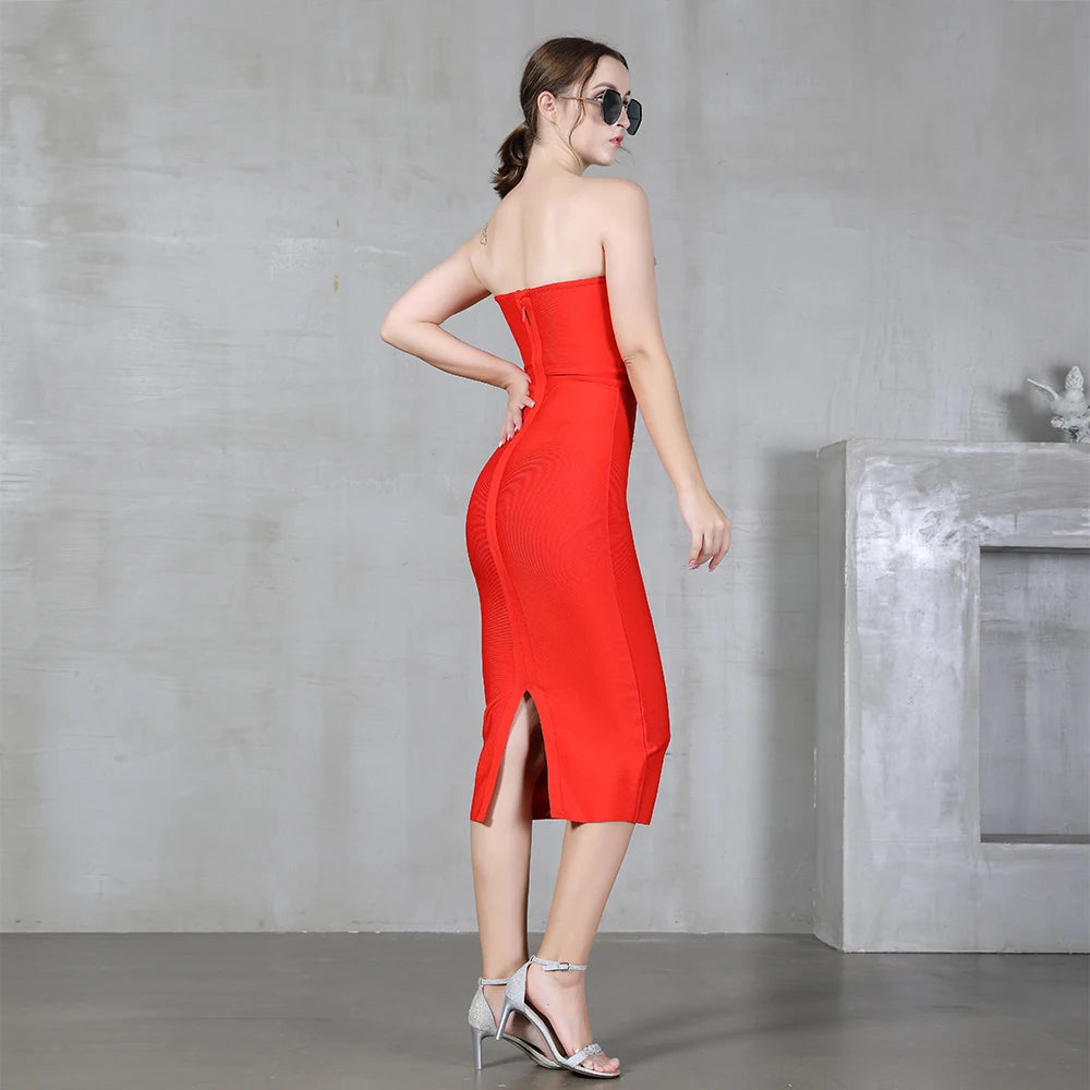 Bianca Strapless Beaded Bandage Midi Dress