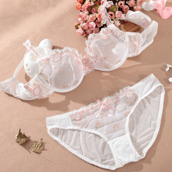 Rosalba Lotus Embroidered Sheer Lace Underwire Bra & Brief Lingerie Set
