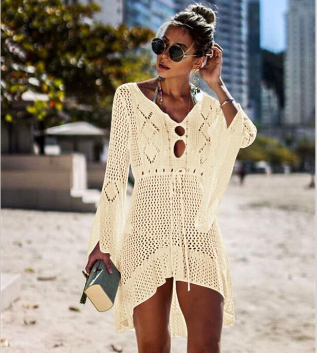 Women Solid Bikini Cover Up Sexy White Crochet Long Sleeve Beach Long Maxi Dress Cover-ups Female Loose Tunic Mesh Beachwear