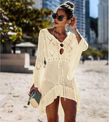 Women Solid Bikini Cover Up Sexy White Crochet Long Sleeve Beach Long Maxi Dress Cover-ups Female Loose Tunic Mesh Beachwear