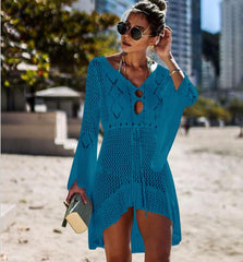 Women Solid Bikini Cover Up Sexy White Crochet Long Sleeve Beach Long Maxi Dress Cover-ups Female Loose Tunic Mesh Beachwear