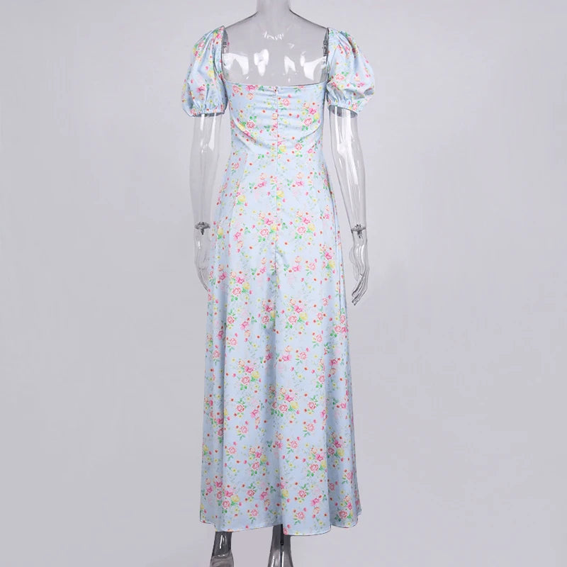 Annabeth Floral Square-Neck Puff-Sleeve Side-Split Maxi Dress