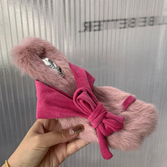 Fashion Women Furry Sandals Autumn Winter Ankle Strap Short Plush Slides Female Casual Outside Fur Shoes Ladies Thin Heels Pumps