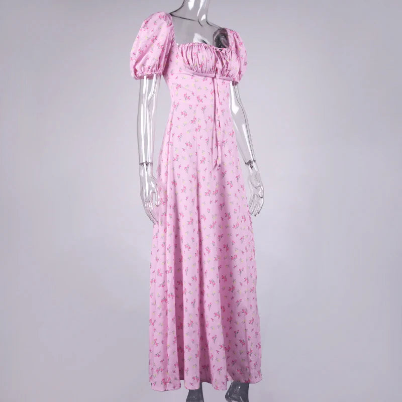 Annabeth Floral Square-Neck Puff-Sleeve Side-Split Maxi Dress