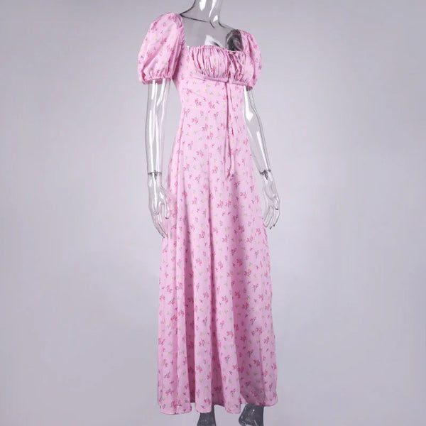 Annabeth Floral Square-Neck Puff-Sleeve Side-Split Maxi Dress