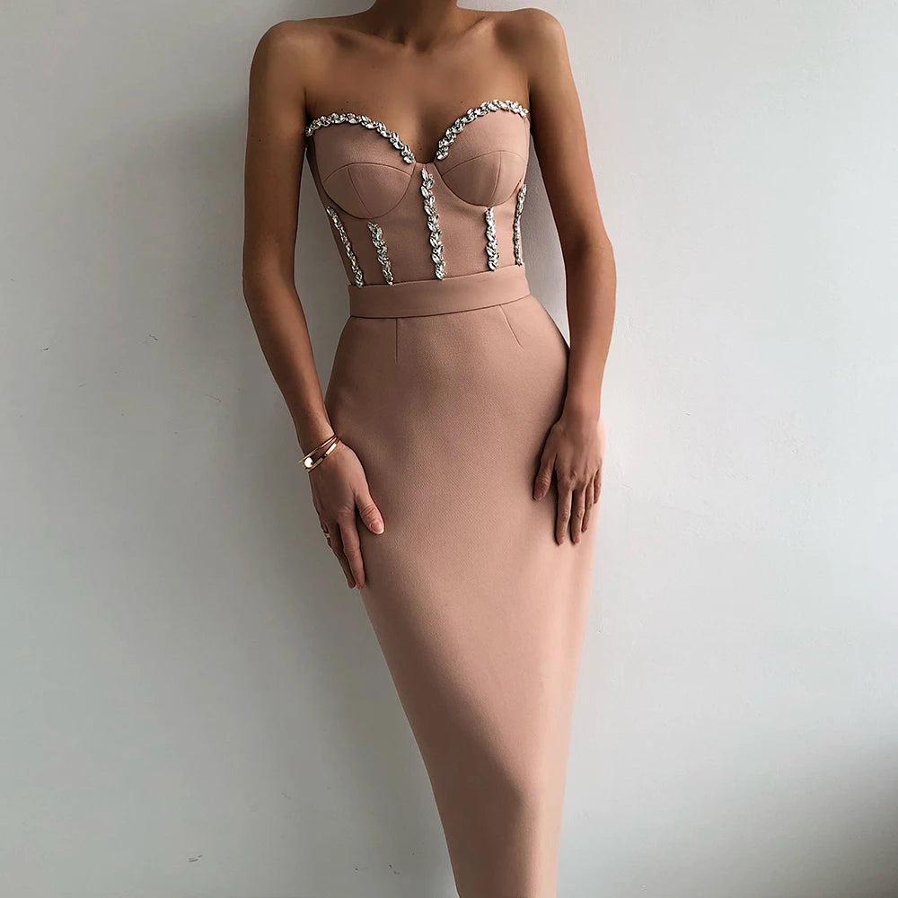 Bianca Strapless Beaded Bandage Midi Dress