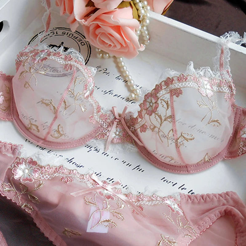 Rosalba Lotus Embroidered Sheer Lace Underwire Bra & Brief Lingerie Set