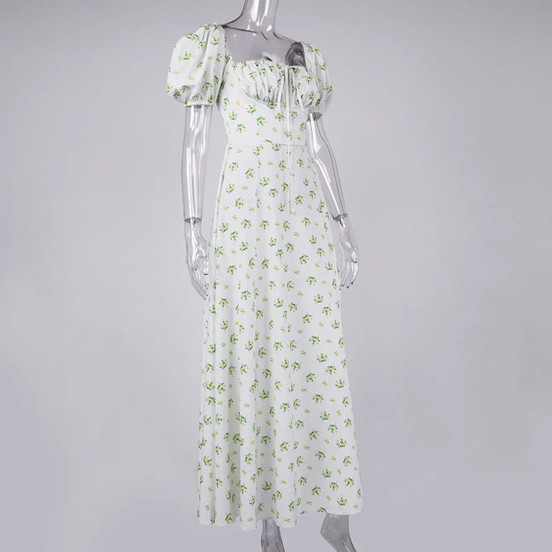 Annabeth Floral Square-Neck Puff-Sleeve Side-Split Maxi Dress