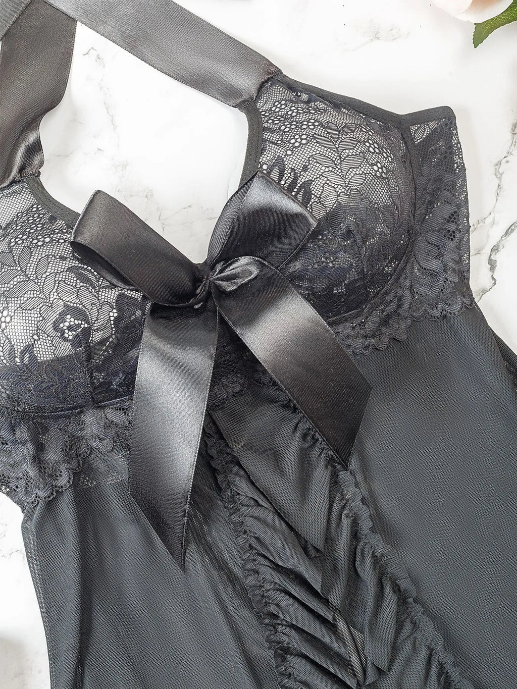 2024 Fashion Sexy Love Split Sexy Sleepwear Suspenders Jumpsuit Nightdress Bow Open T-Back Sexy Embroidery Lingerie