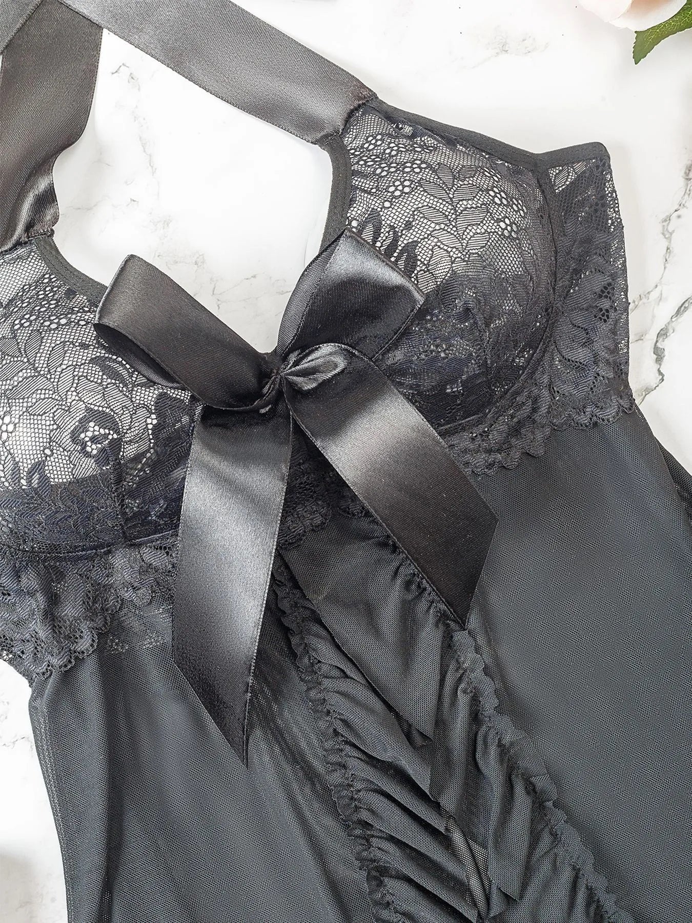 2024 Fashion Sexy Love Split Sexy Sleepwear Suspenders Jumpsuit Nightdress Bow Open T-Back Sexy Embroidery Lingerie