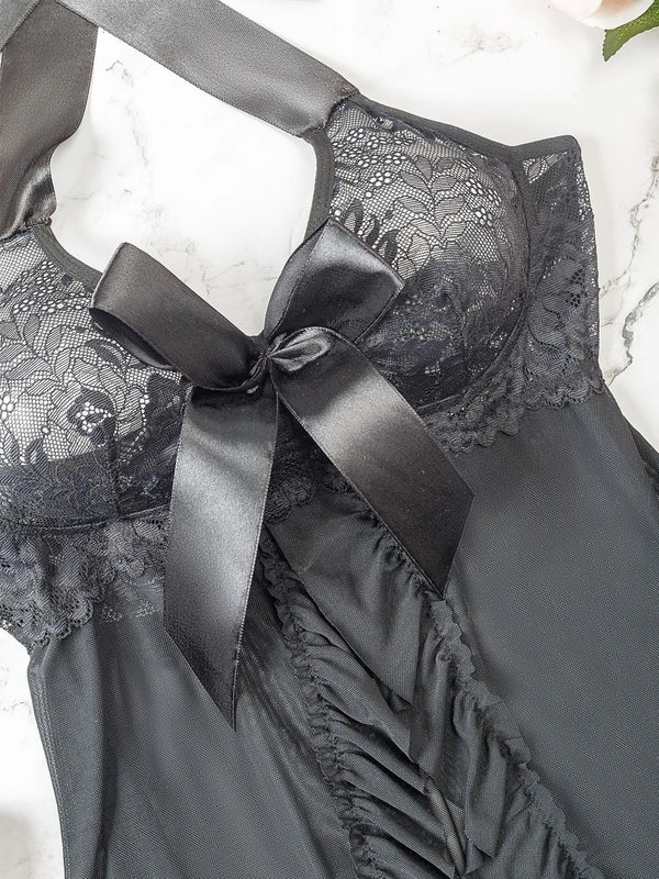 2024 Fashion Sexy Love Split Sexy Sleepwear Suspenders Jumpsuit Nightdress Bow Open T-Back Sexy Embroidery Lingerie