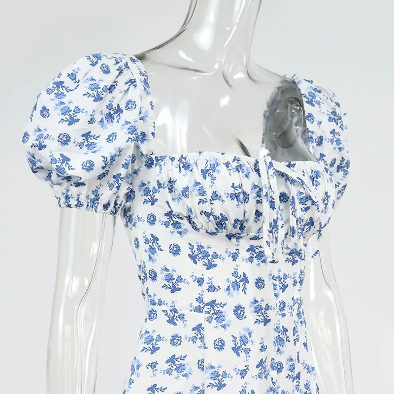 Annabeth Floral Square-Neck Puff-Sleeve Side-Split Maxi Dress