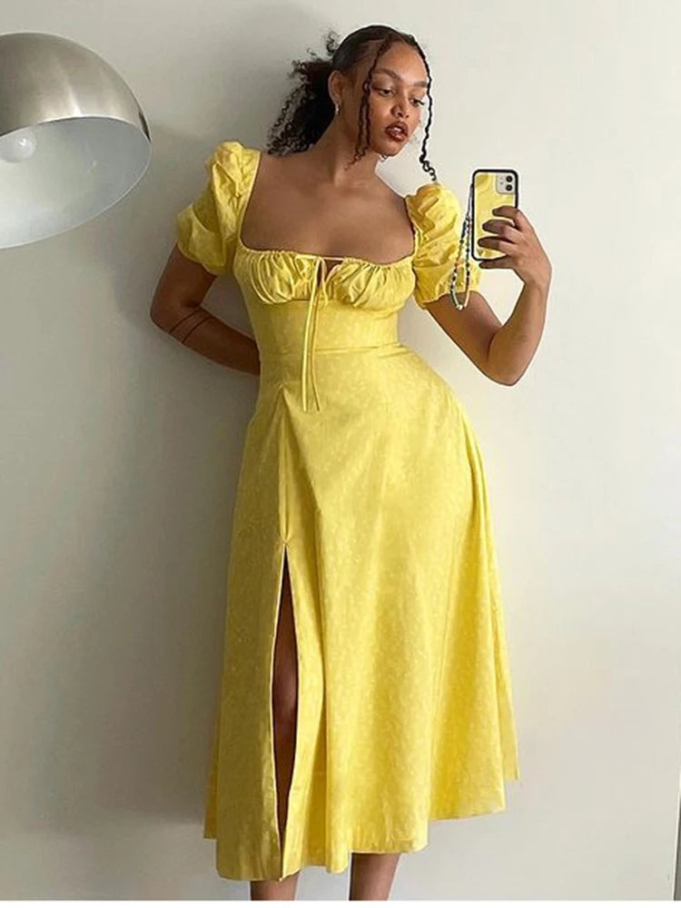 Annabeth Floral Square-Neck Puff-Sleeve Side-Split Maxi Dress