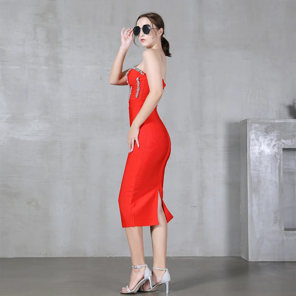 Bianca Strapless Beaded Bandage Midi Dress