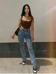 NewAsia Boning Corset Top Zipper 2Layer Elastic Solid Color Square Neck Slim Fit Bustier Women Summer Crop Tank Top Fashion Vest