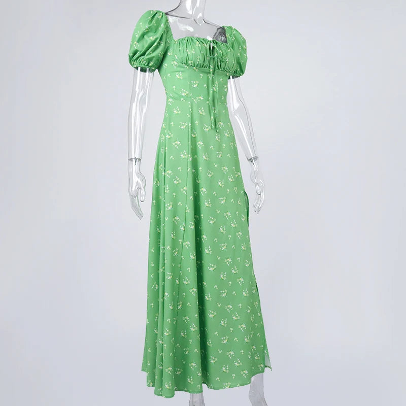Annabeth Floral Square-Neck Puff-Sleeve Side-Split Maxi Dress