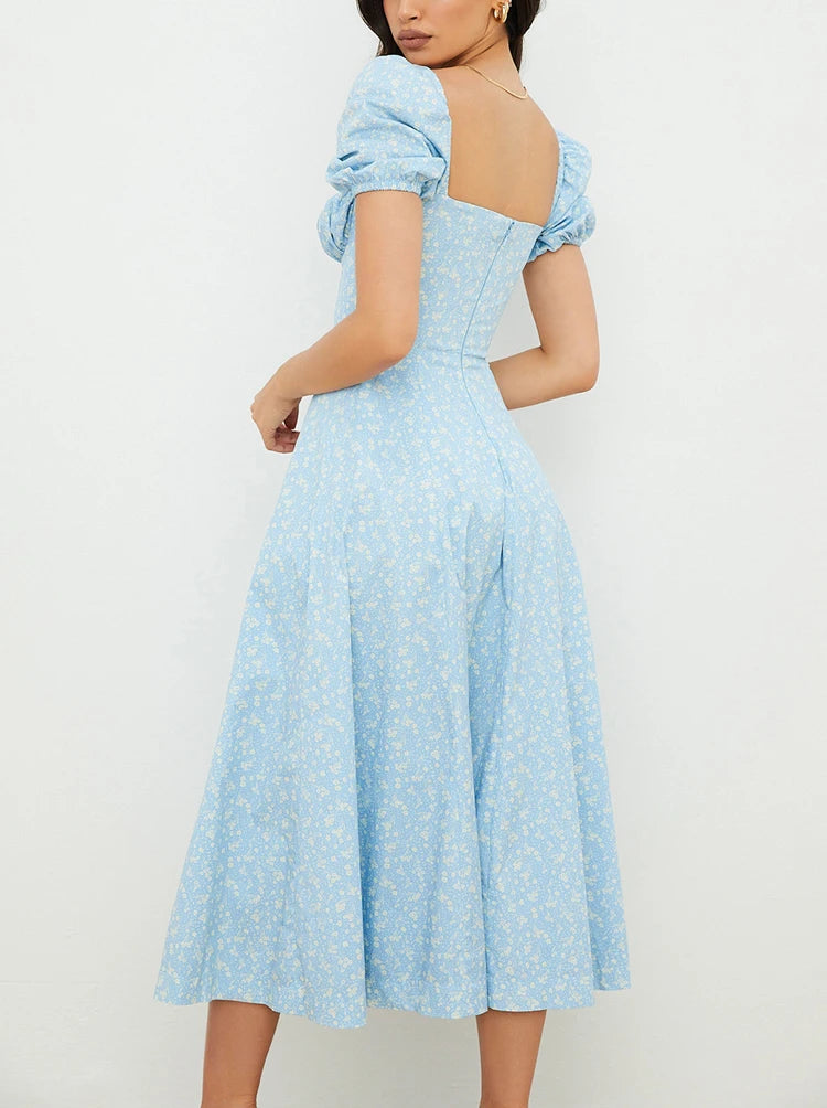 Annabeth Floral Square-Neck Puff-Sleeve Side-Split Maxi Dress
