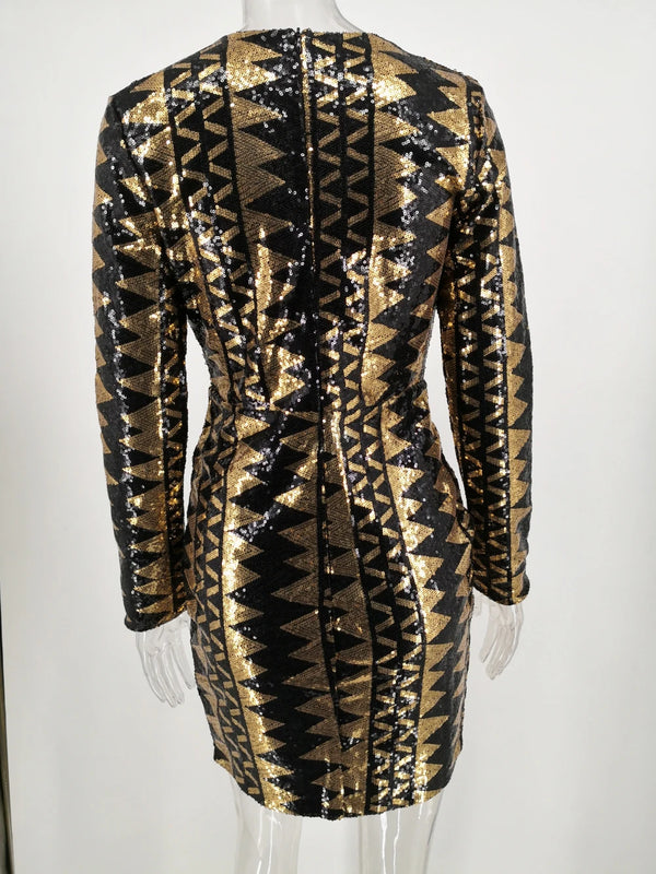 Liliana Black-Gold Sequin Long-Sleeve Mini Dress