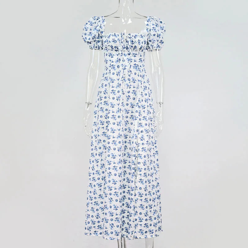 Annabeth Floral Square-Neck Puff-Sleeve Side-Split Maxi Dress