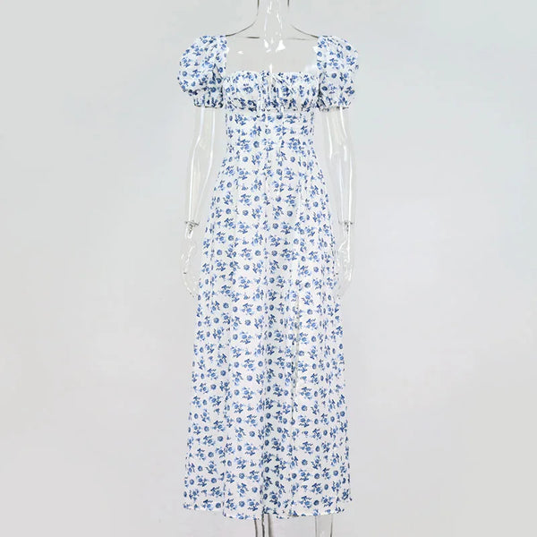 Annabeth Floral Square-Neck Puff-Sleeve Side-Split Maxi Dress