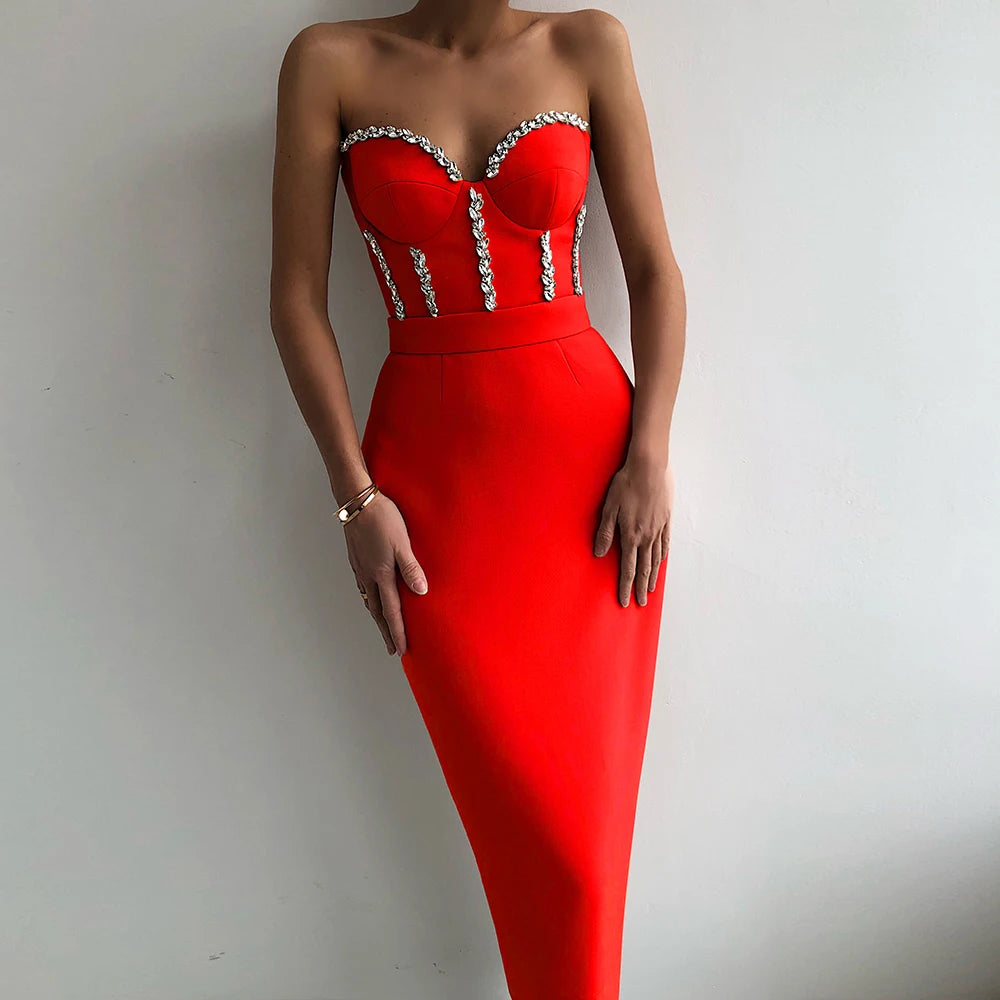 Bianca Strapless Beaded Bandage Midi Dress