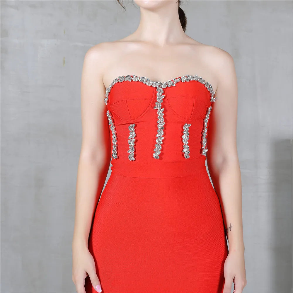 Bianca Strapless Beaded Bandage Midi Dress