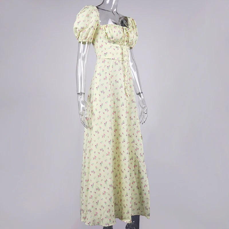 Annabeth Floral Square-Neck Puff-Sleeve Side-Split Maxi Dress