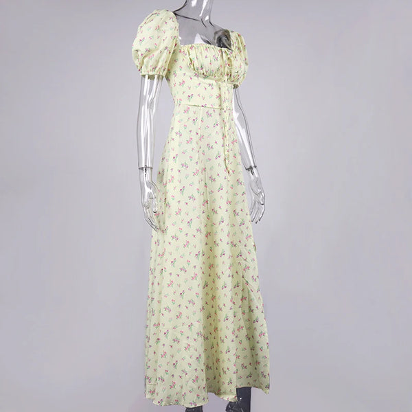 Annabeth Floral Square-Neck Puff-Sleeve Side-Split Maxi Dress